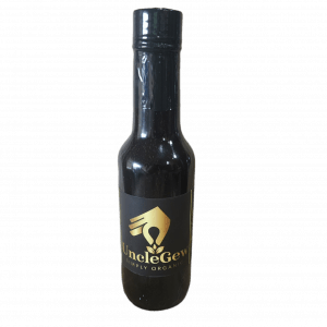 UncleGew’s Organic Elderberry Syrup in a dark glass bottle with black and gold label